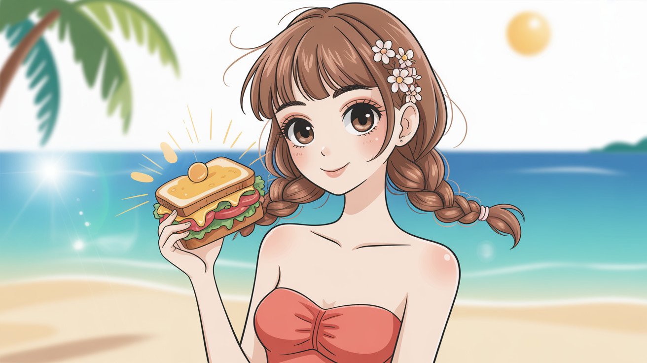 Anime Character at Beach with Sandwich and Palm Tree