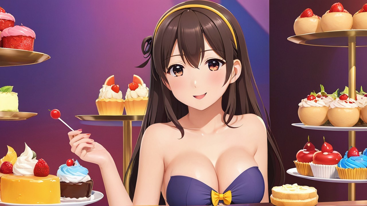 Cheerful anime character with desserts and lollipop