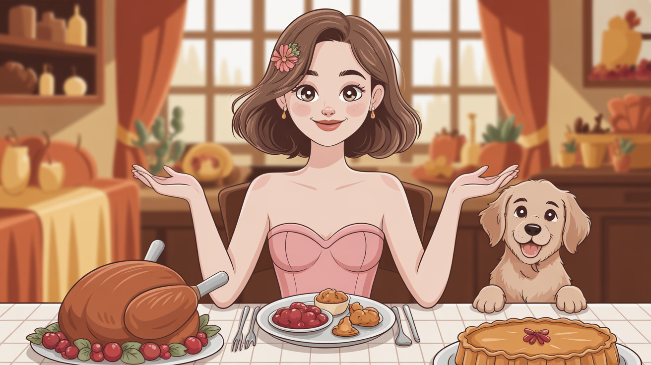 Young woman at Thanksgiving table with welcoming gesture