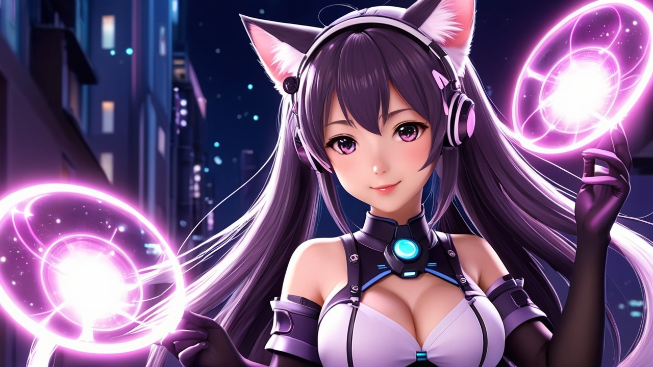 Futuristic character with glowing orbs in urban setting