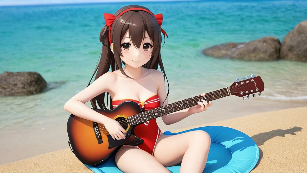 Cheerful Anime Character with Guitar on Beach