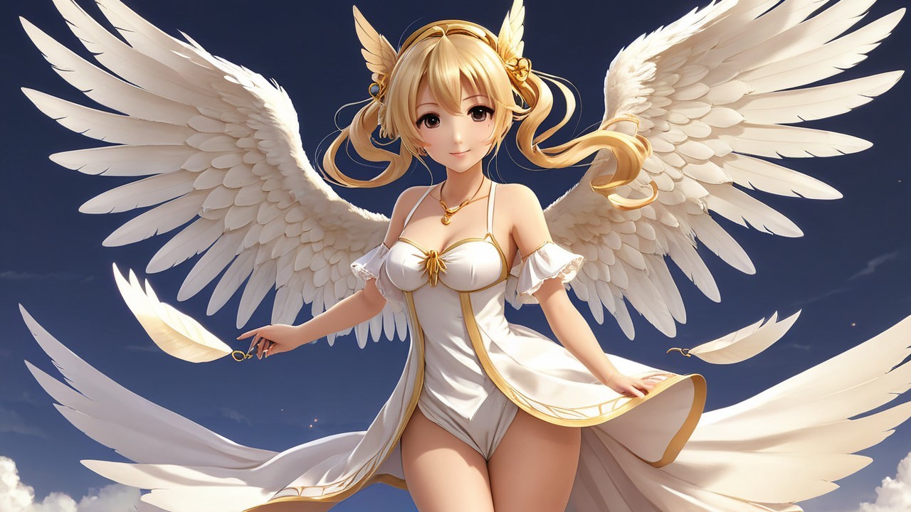 Graceful character with white wings and elegant dress