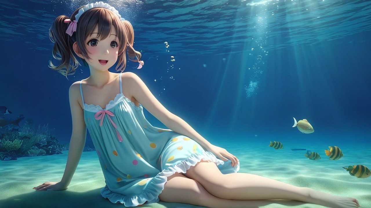Young girl underwater with colorful fish and corals