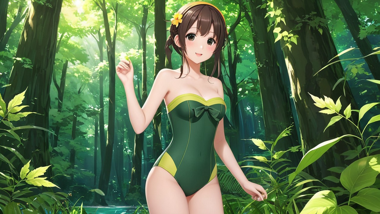 Cheerful Anime Character in Vibrant Green Forest
