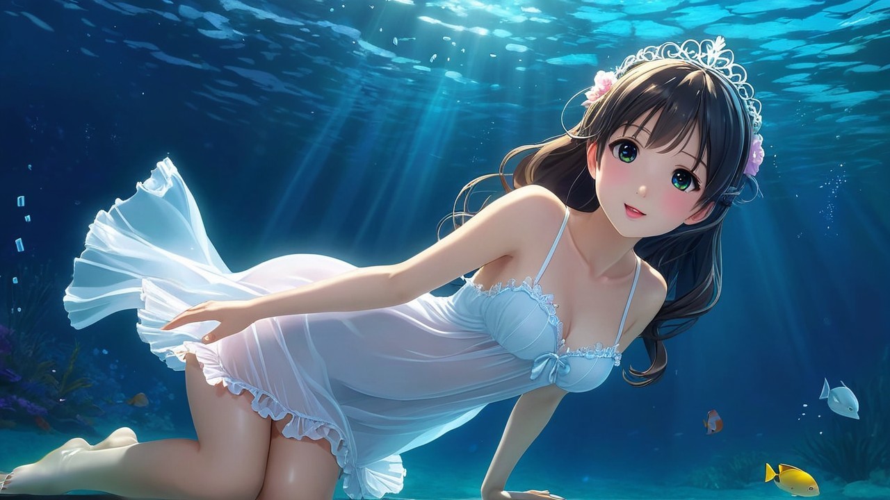 Underwater Scene with Woman in White Dress and Fish