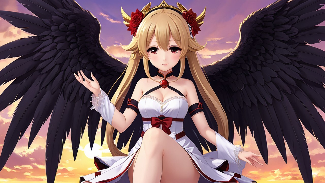 Fantastical character with wings and sunset backdrop