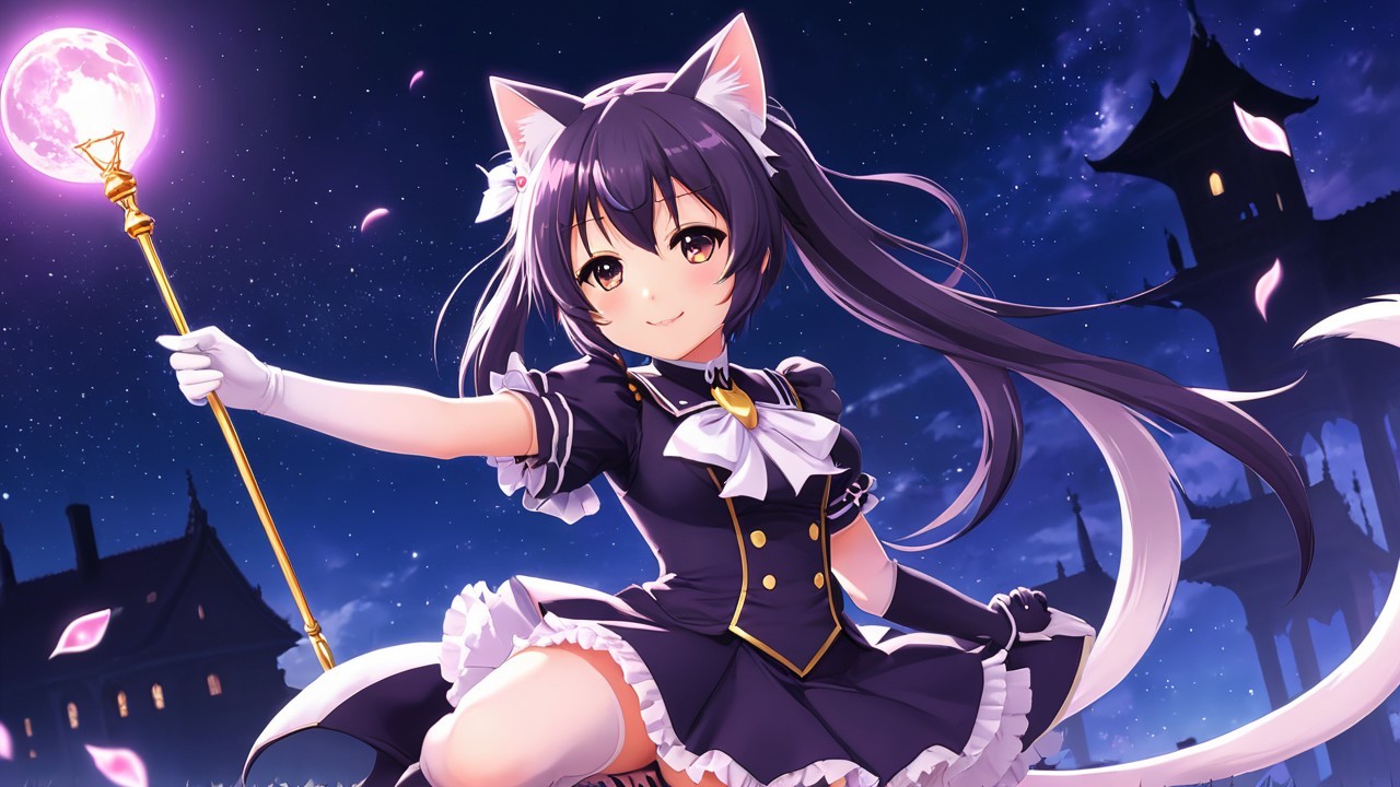 Cheerful anime character with cat ears at night