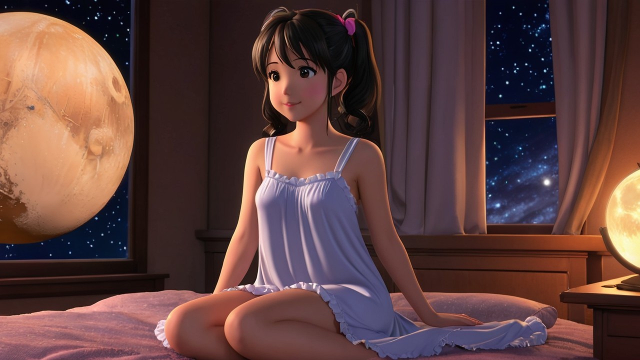Cozy Room with Girl, Plush Bed, and Starry View