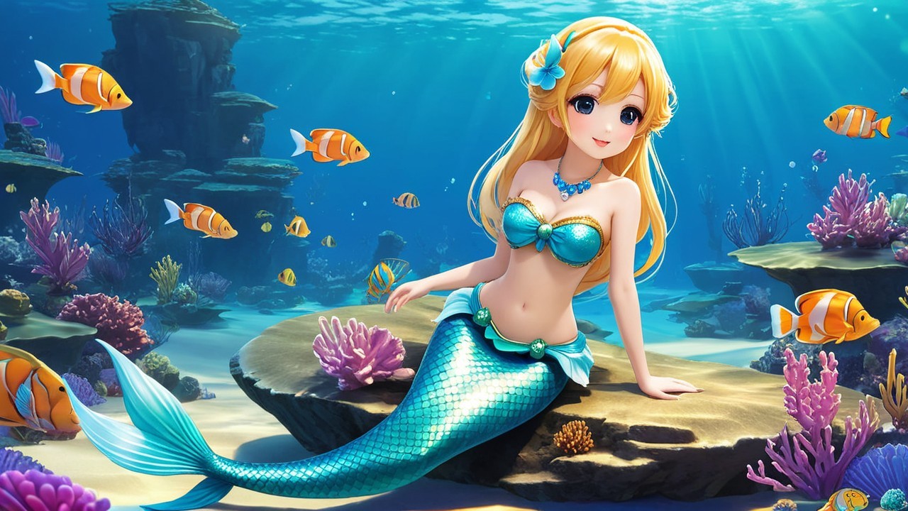 Whimsical Underwater Scene with Cheerful Mermaid