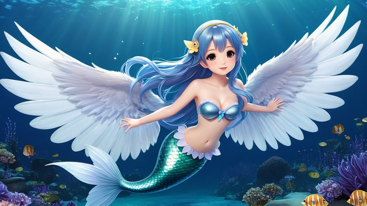 Whimsical Mermaid with Teal Tail and Delicate Wings