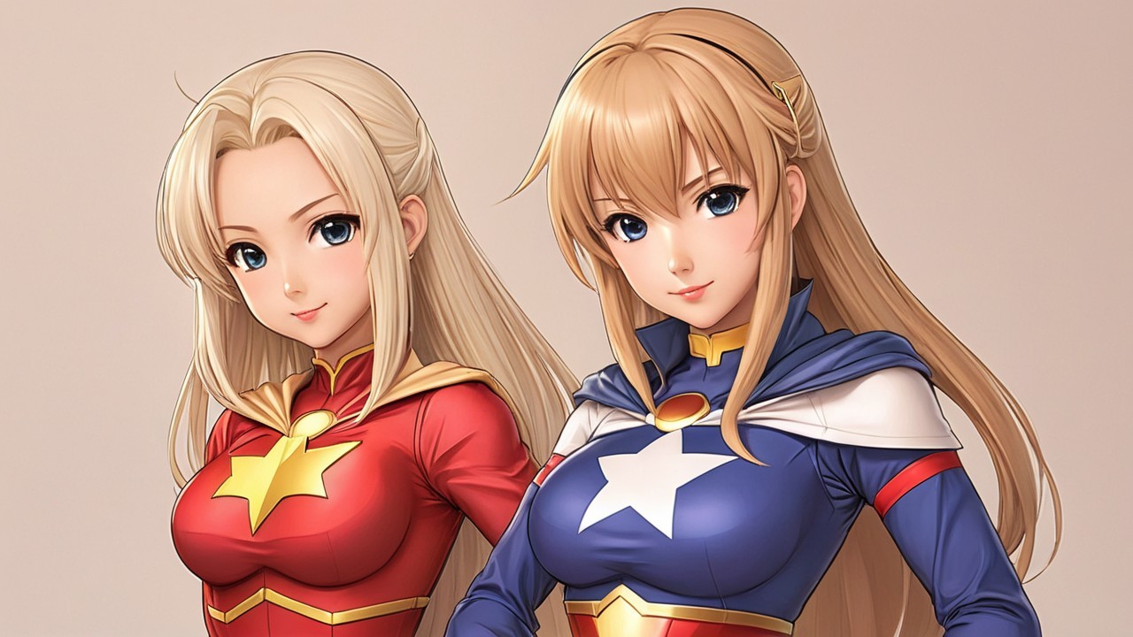 Two female superheroes in colorful costumes side by side