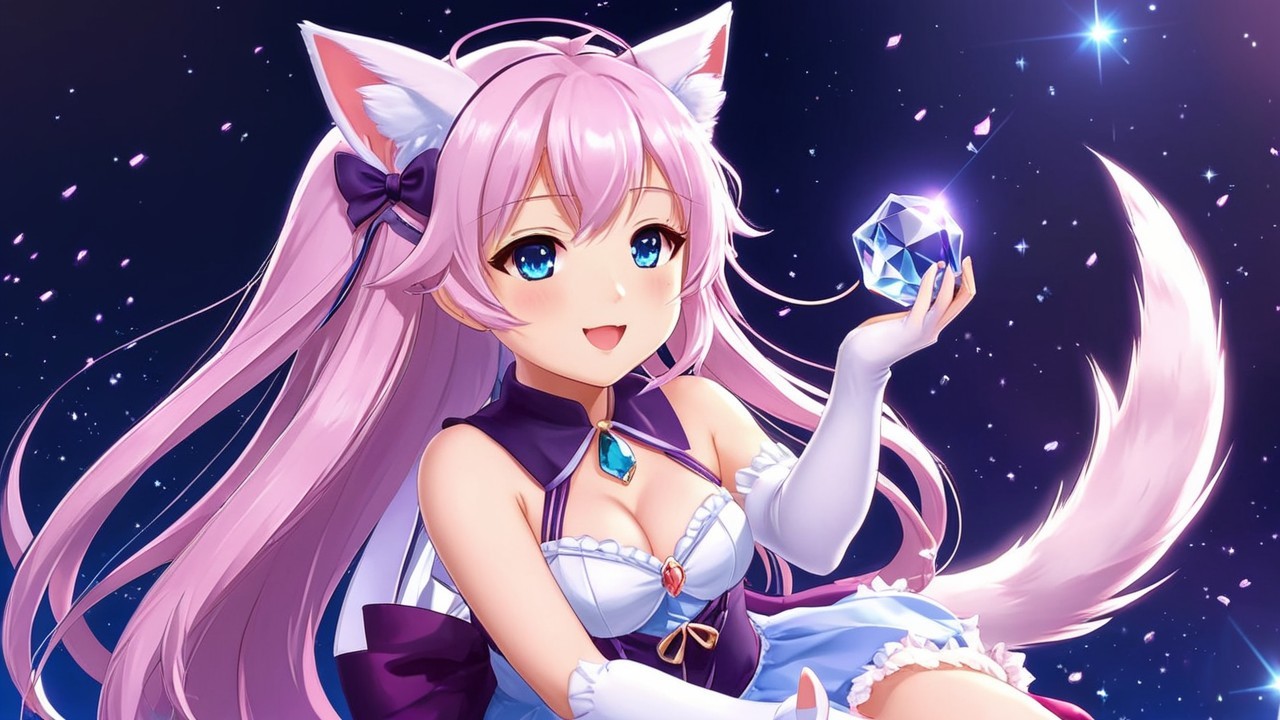Anime Character with Pink Hair and Cat Ears in Stars