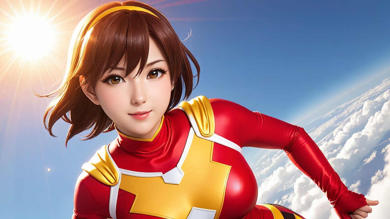 Superhero Figure in Bright Sky with Vibrant Costume