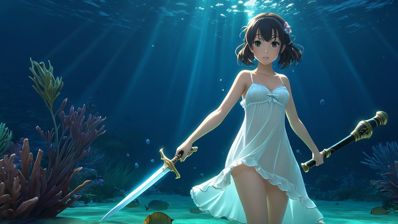 Underwater Scene of a Girl with Swords and Coral