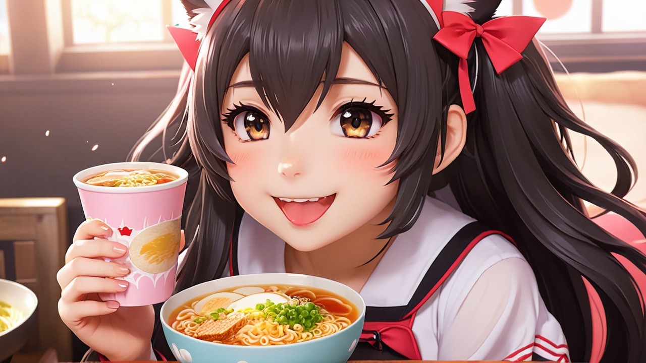 Cheerful anime girl enjoying ramen in cozy setting