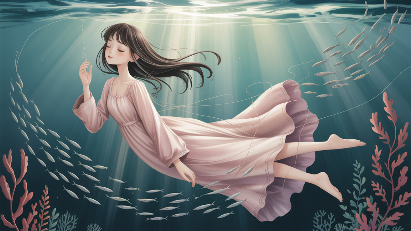 Anime-style painting of a woman underwater in pink dress