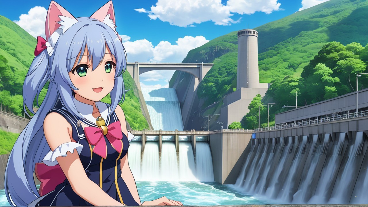 Cheerful anime girl by a dam with a waterfall