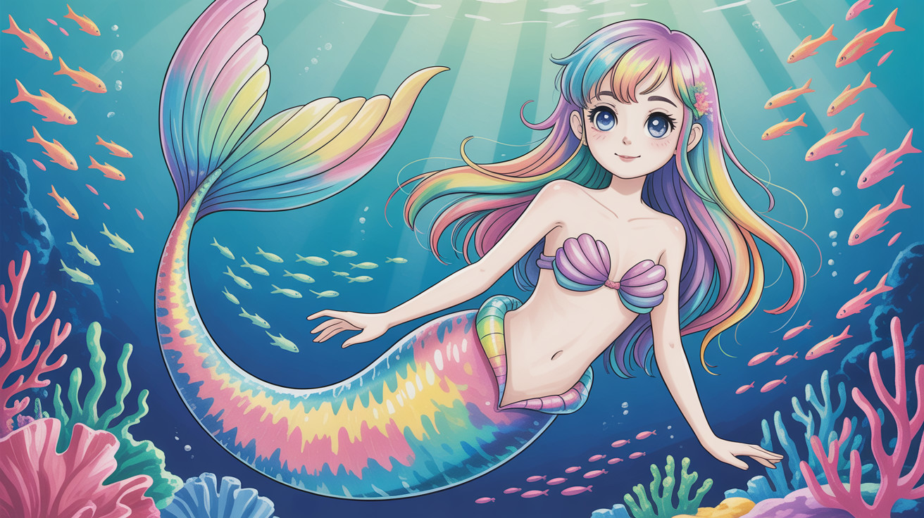 Anime Mermaid in Colorful Coral Reef Scene