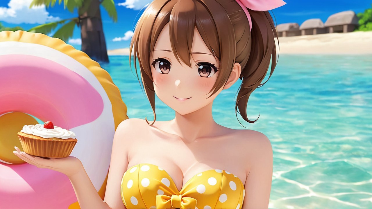 Cheerful Anime Girl on Sunny Beach with Cupcake