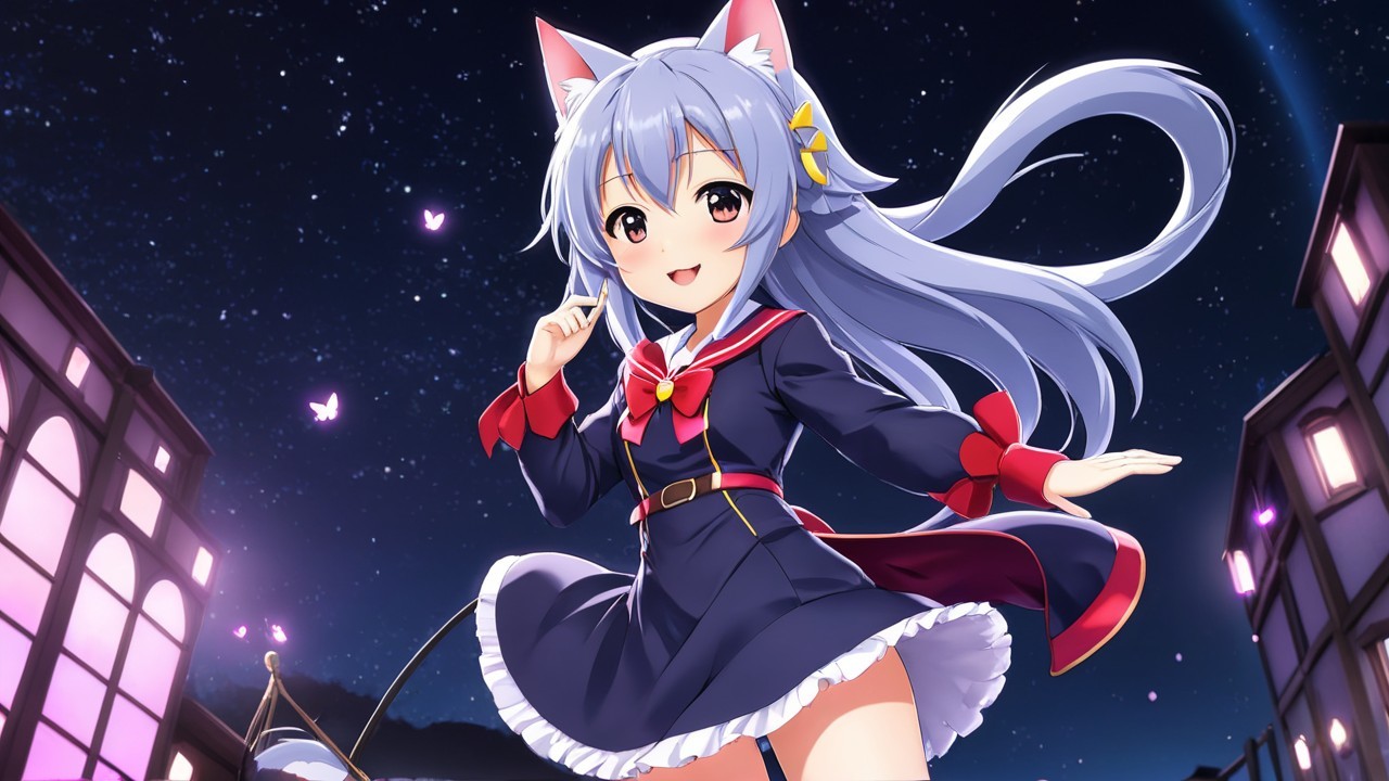 Cute anime girl with blue hair and cat ears at night