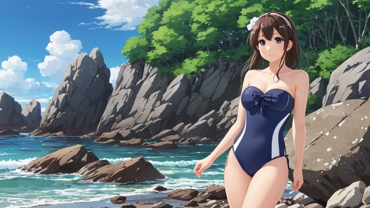 Cheerful woman in navy swimsuit at rocky beach