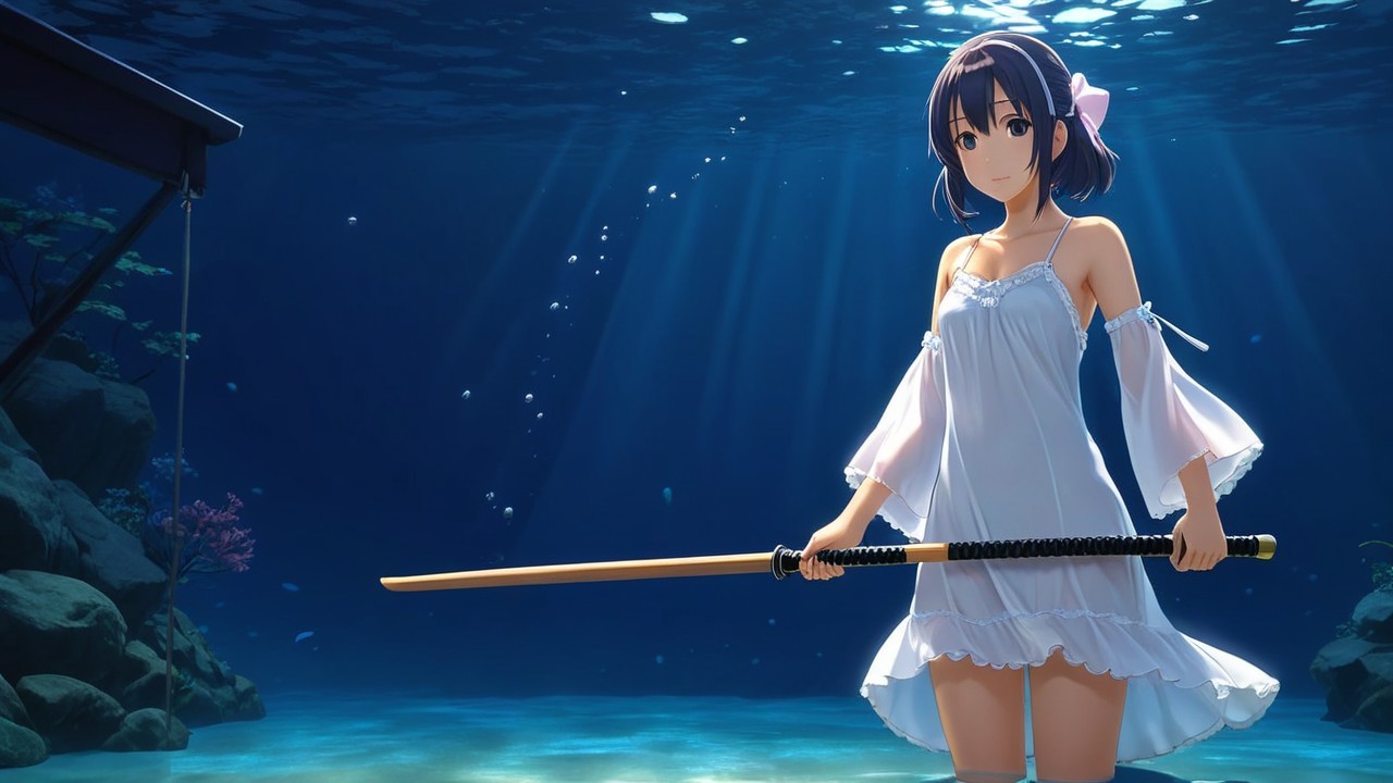 Underwater Scene with Girl in White Dress and Katana