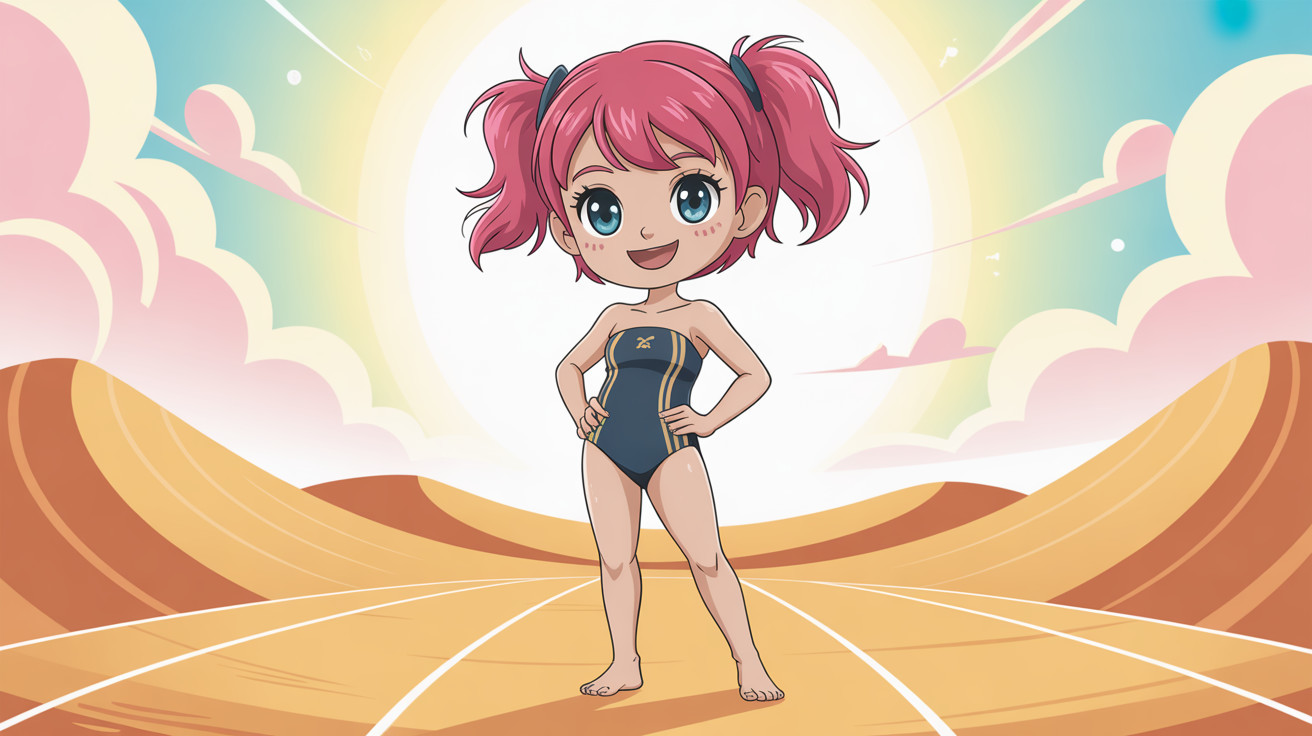 Chibi girl illustration in swimsuit on sandy terrain