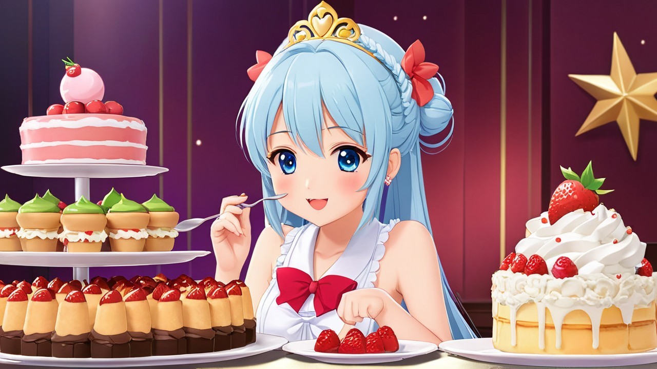 Cheerful Blue-Haired Girl Surrounded by Colorful Desserts