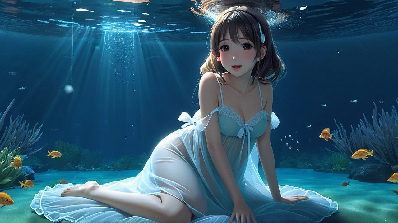 Underwater Scene with Woman in Translucent Gown
