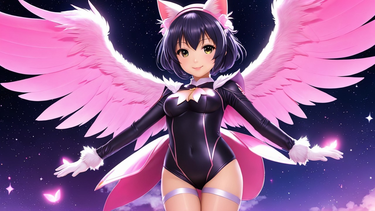 Whimsical Character with Pink Wings and Cat Ears