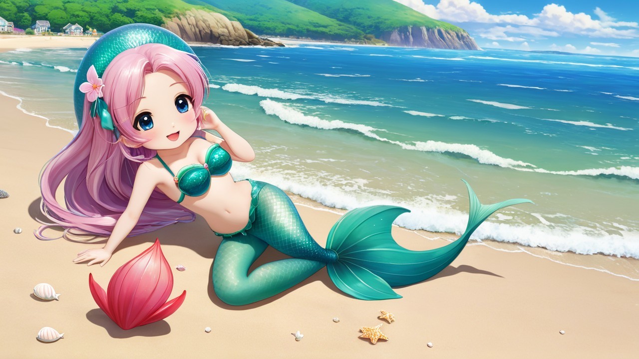 Whimsical Beach Scene with Cheerful Mermaid
