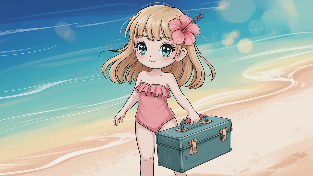 Chibi Girl in Pink Swimsuit on Beach with Toolbox