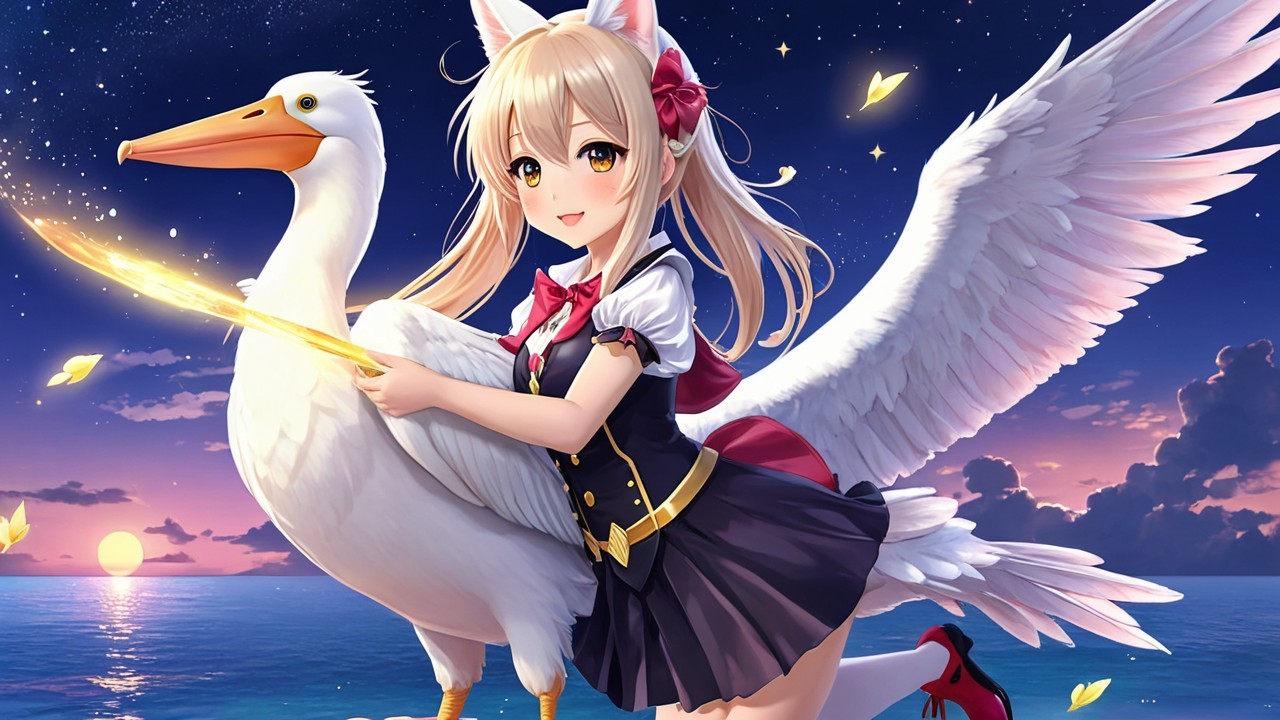 Cheerful anime girl on swan at sunset with wand