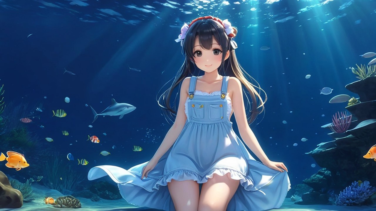 Young girl in blue dress underwater with sea life