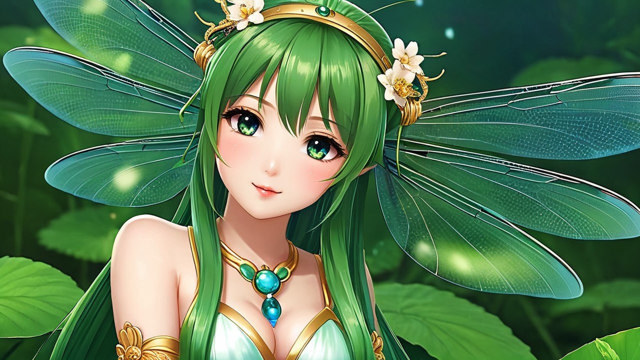 Fantastical character with green hair and dragonfly wings