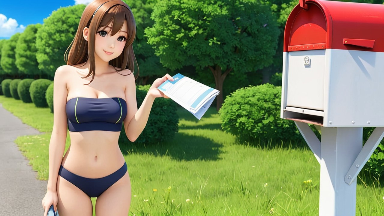 Young woman in bikini by red mailbox on sunny day