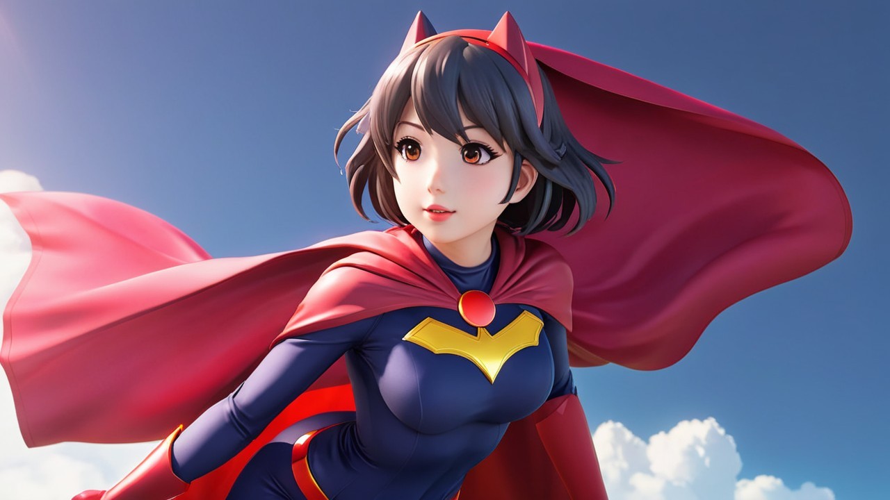 Anime-style superheroine in blue costume with cape