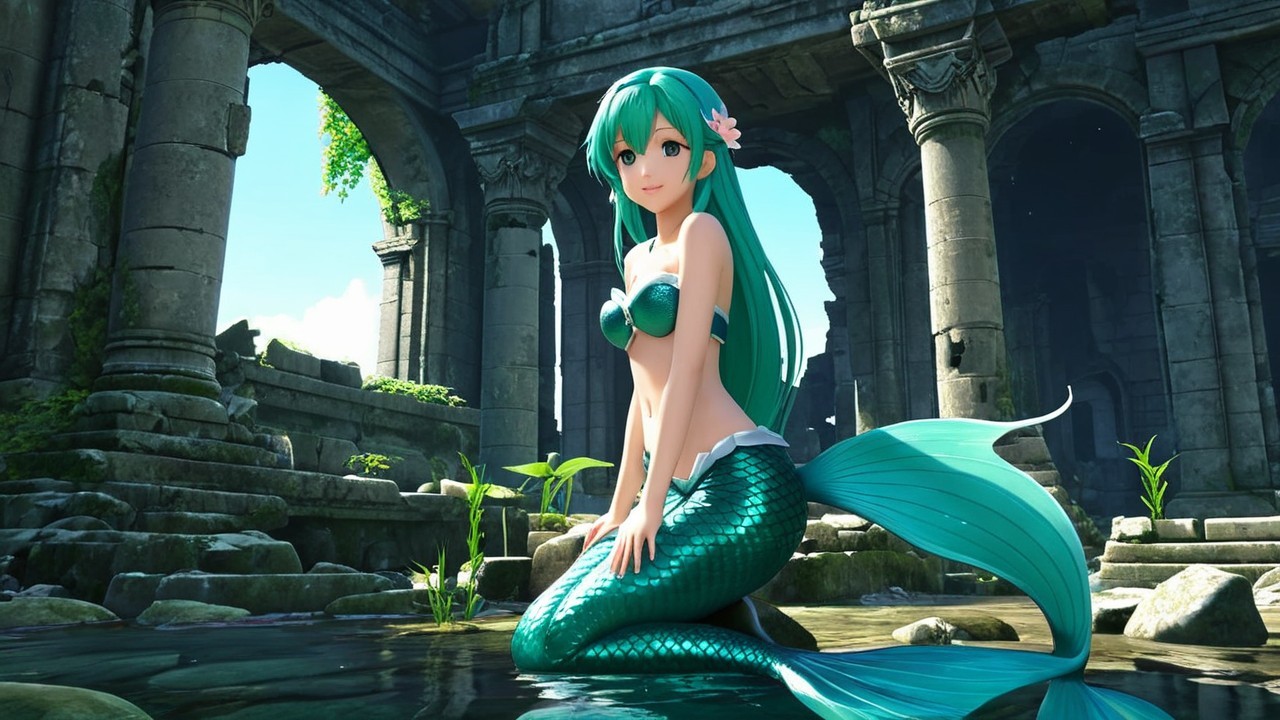 Vibrant Mermaid in Ancient Ruins with Lush Greenery