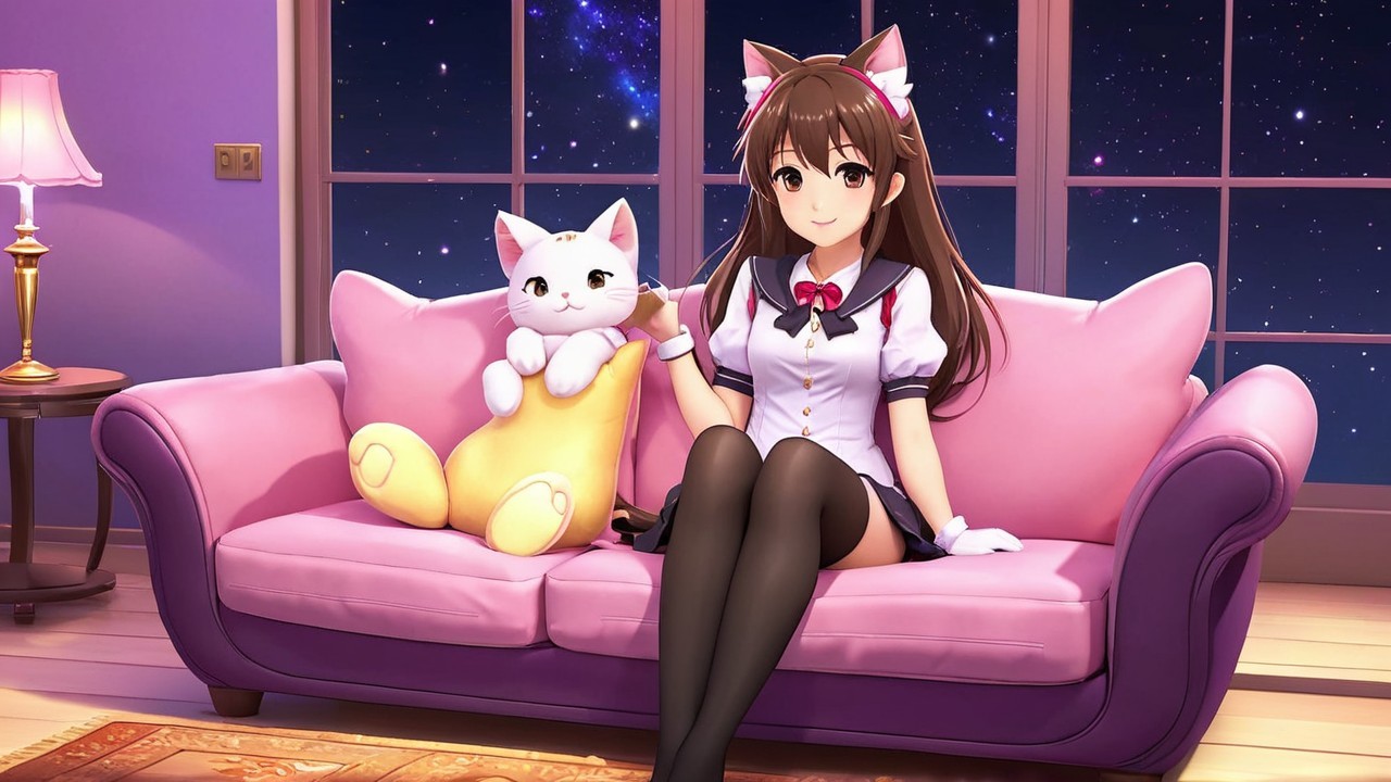 Animated girl with cat ears on a purple sofa