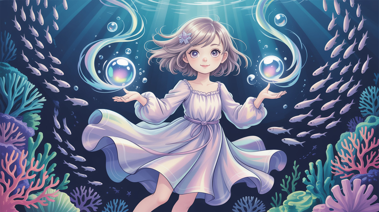 Anime-style girl underwater with iridescent bubbles