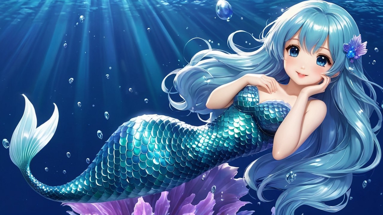 Whimsical Mermaid with Turquoise Hair in Ocean Scene