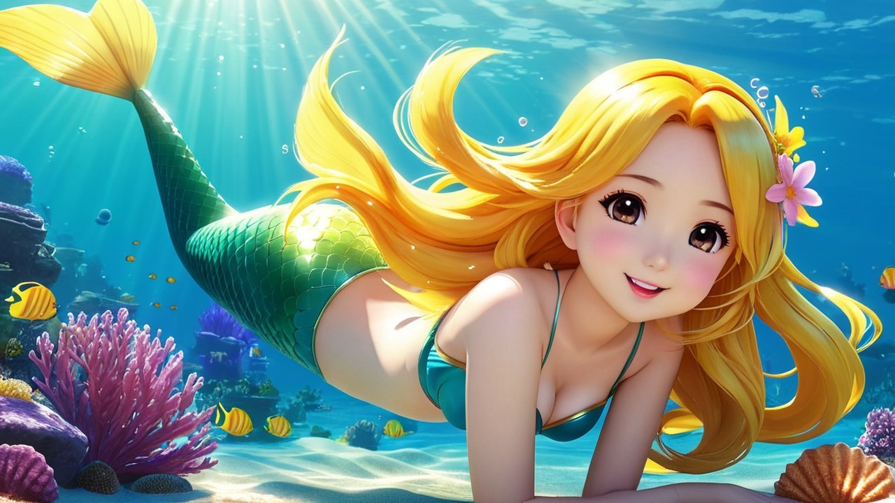 Cheerful mermaid swimming in vibrant underwater scene