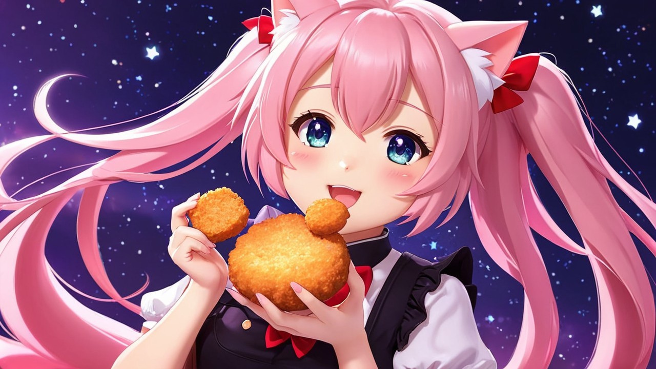Cheerful Girl with Pink Hair Enjoying Bear-Shaped Food