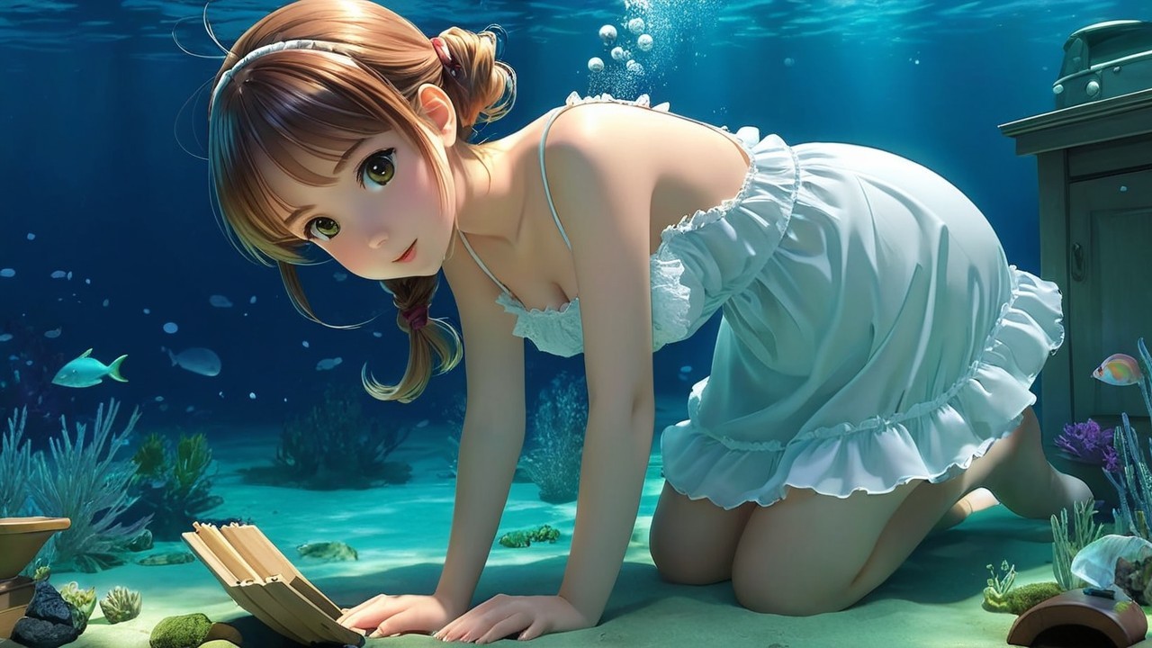 Young girl in white dress kneeling on ocean floor