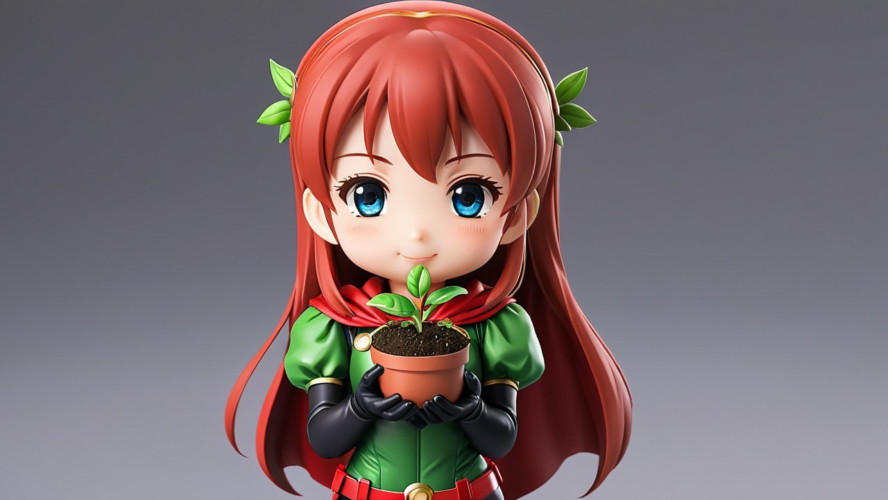 Stylized figure of a girl with plant and vibrant outfit