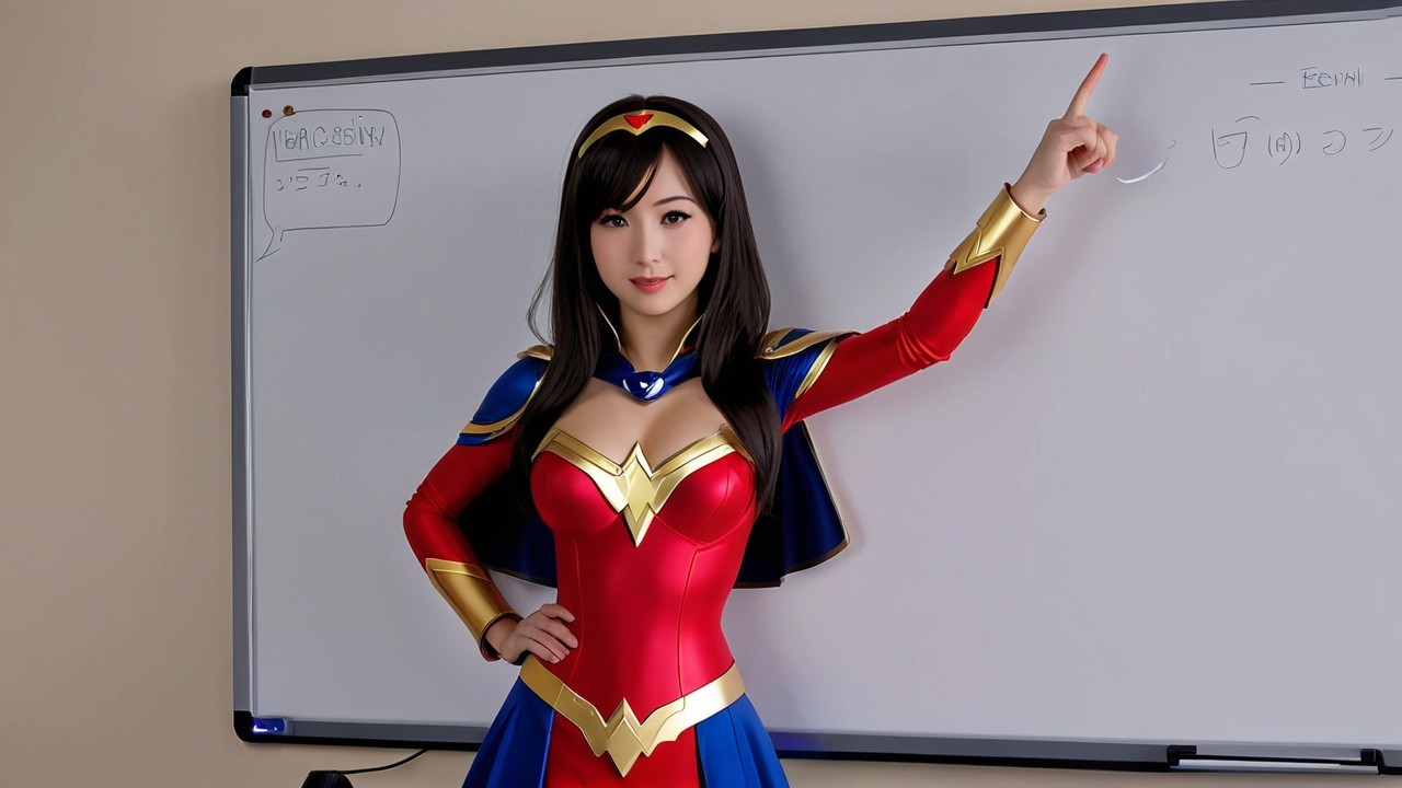 Young Woman in Superhero Costume in Educational Setting