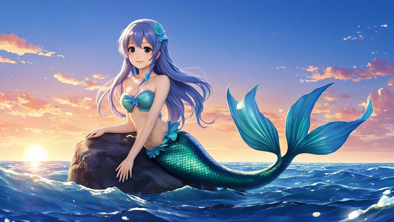 Mermaid on a Rock with Sunset and Ocean Waves