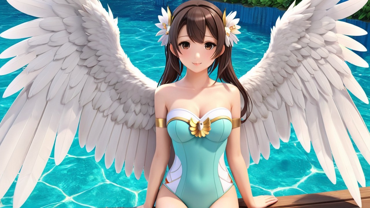 Young woman in blue swimsuit by sparkling pool