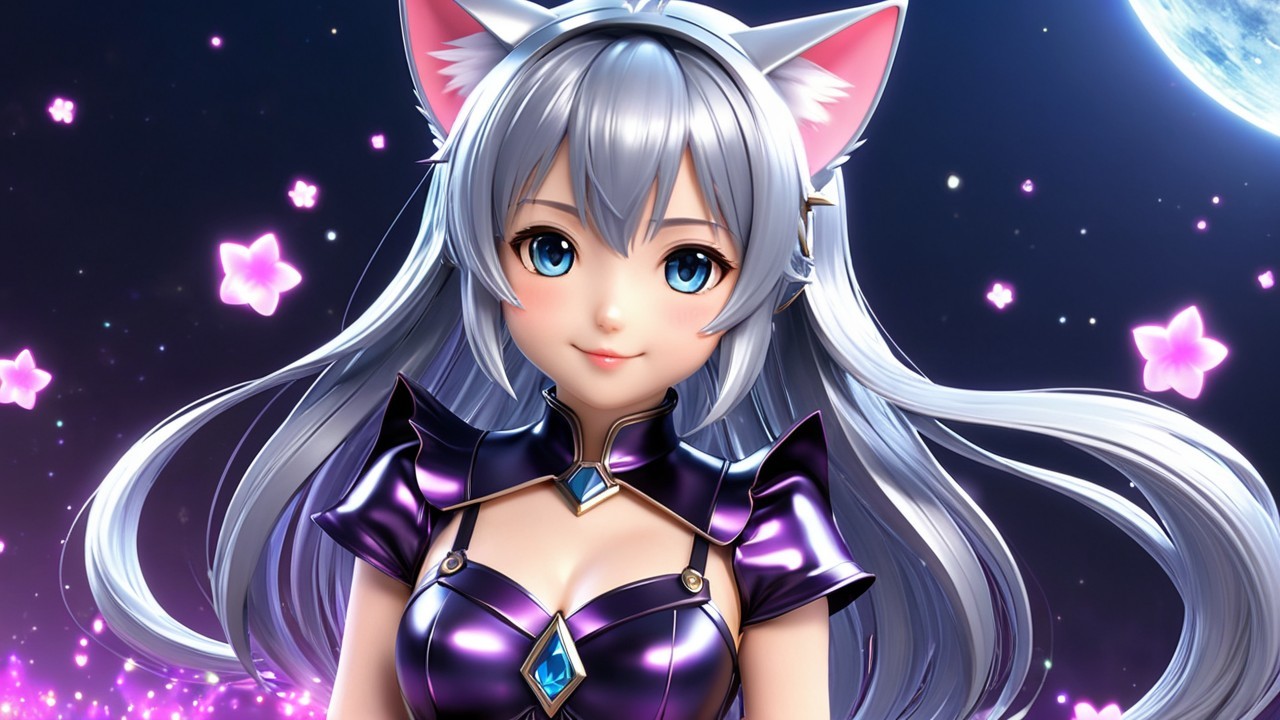 Fantasy Character with Silver Hair and Cat Ears