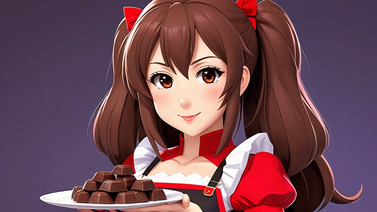 Anime-style young woman with pigtails and chocolates